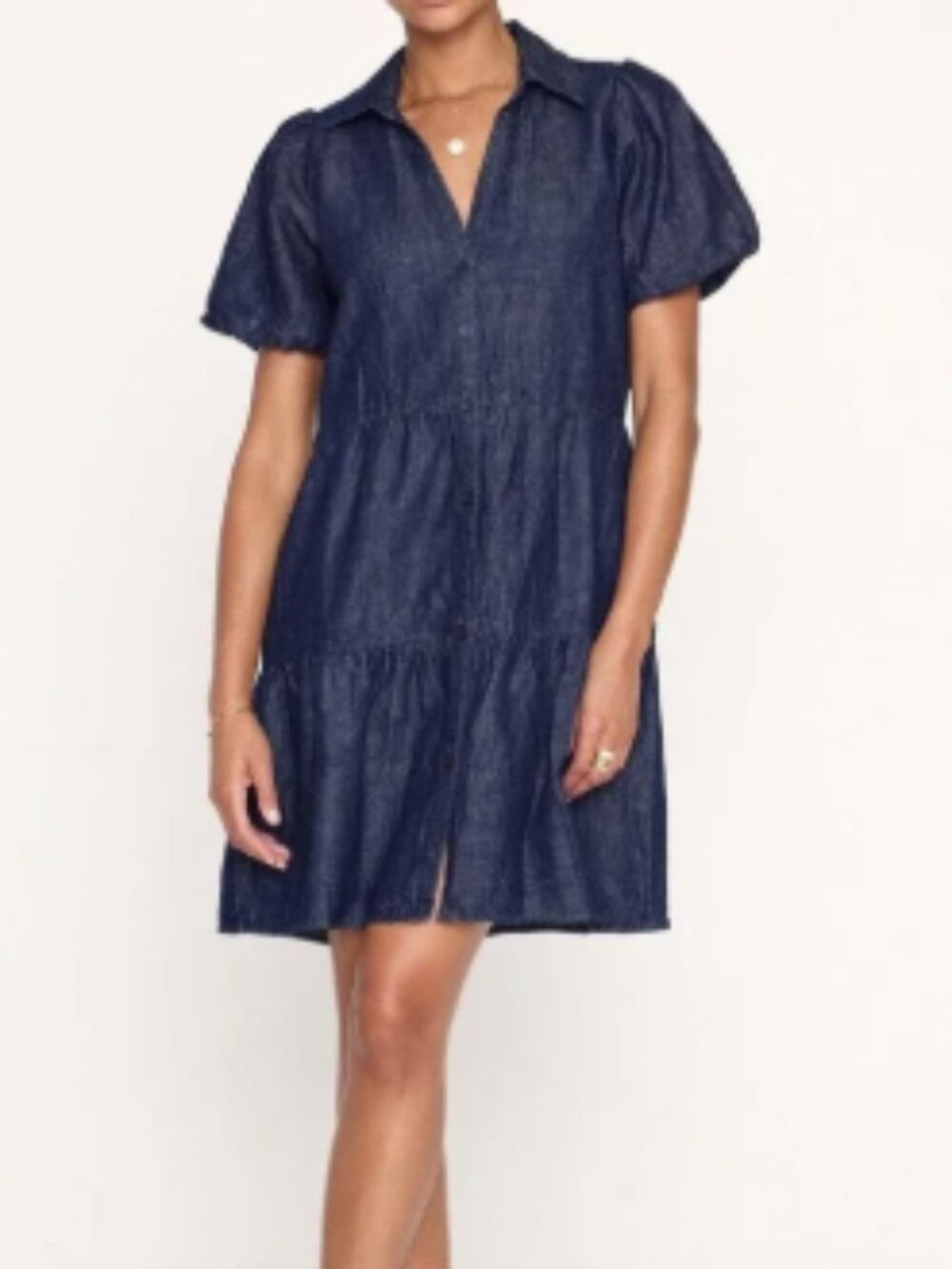 Brochu Walker Havana Dark Wash Short Puff Sleeve Button Front Tiered Dress XS